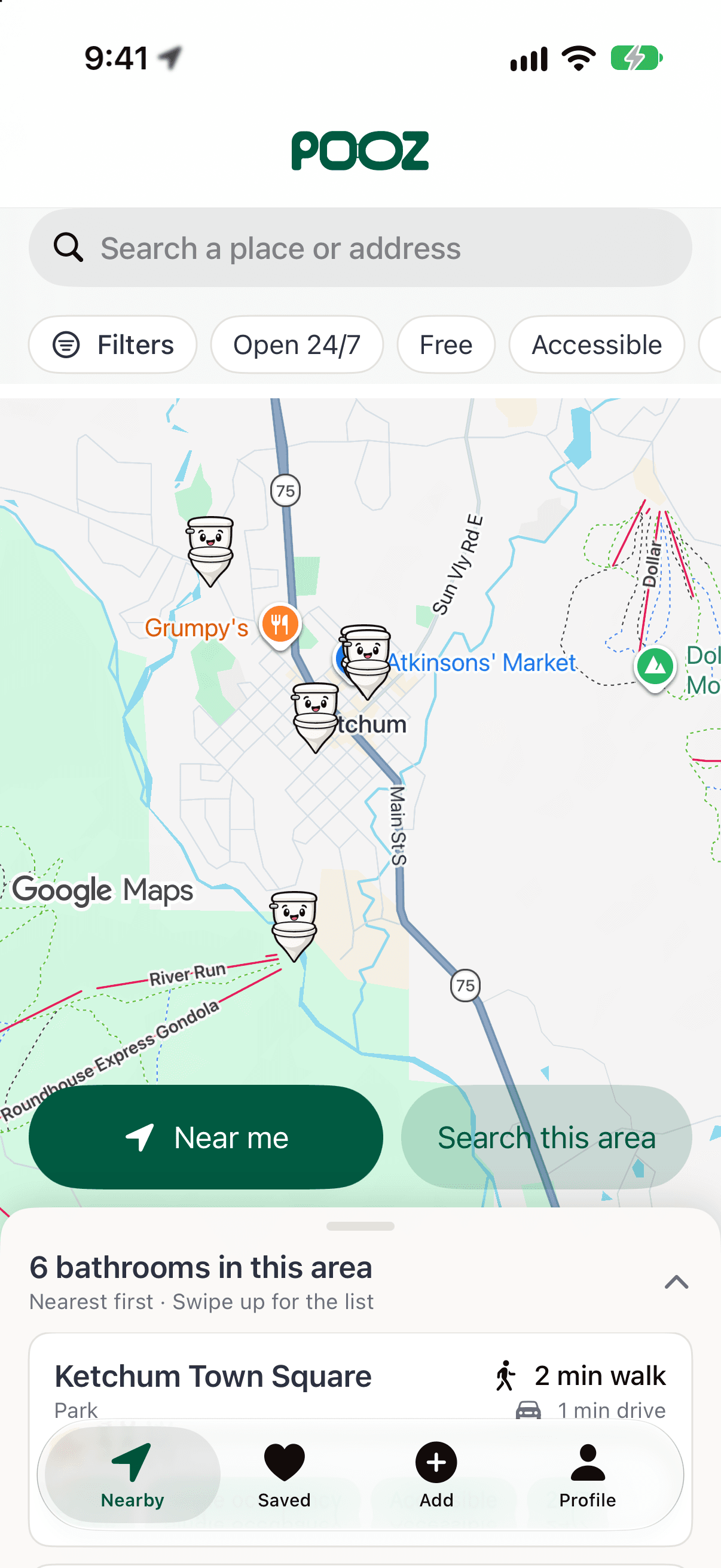 The Pooz map of Ketchum, Idaho, with toilet pins marking each public restroom